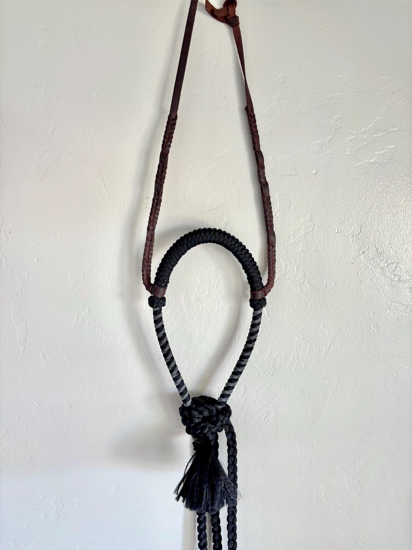 Lariat Hackamore and Mecate with Hanger - Fits most Horses - Braided Core - Grey and Black