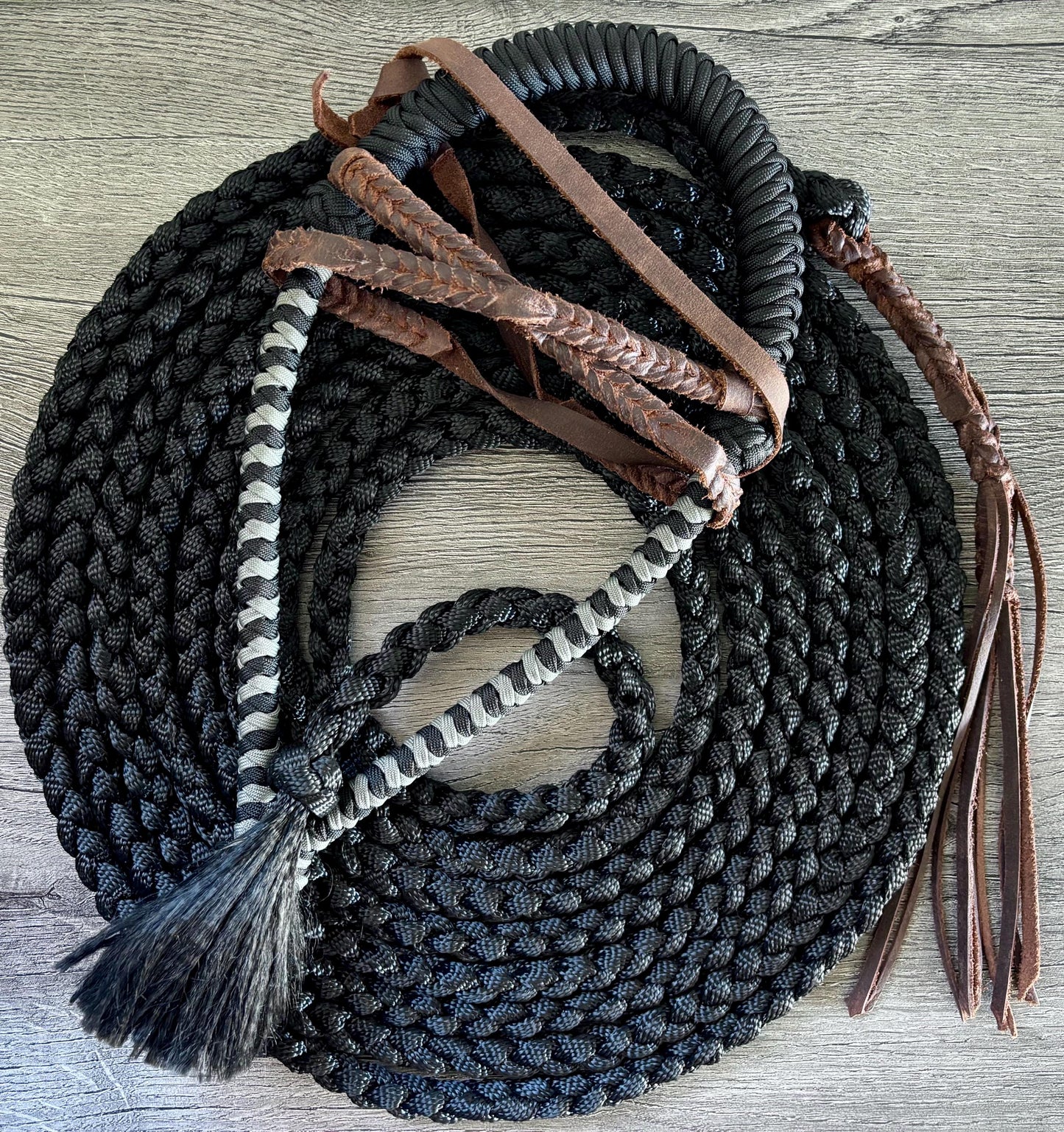 Lariat Hackamore and Mecate with Hanger - Fits most Horses - Braided Core - Grey and Black