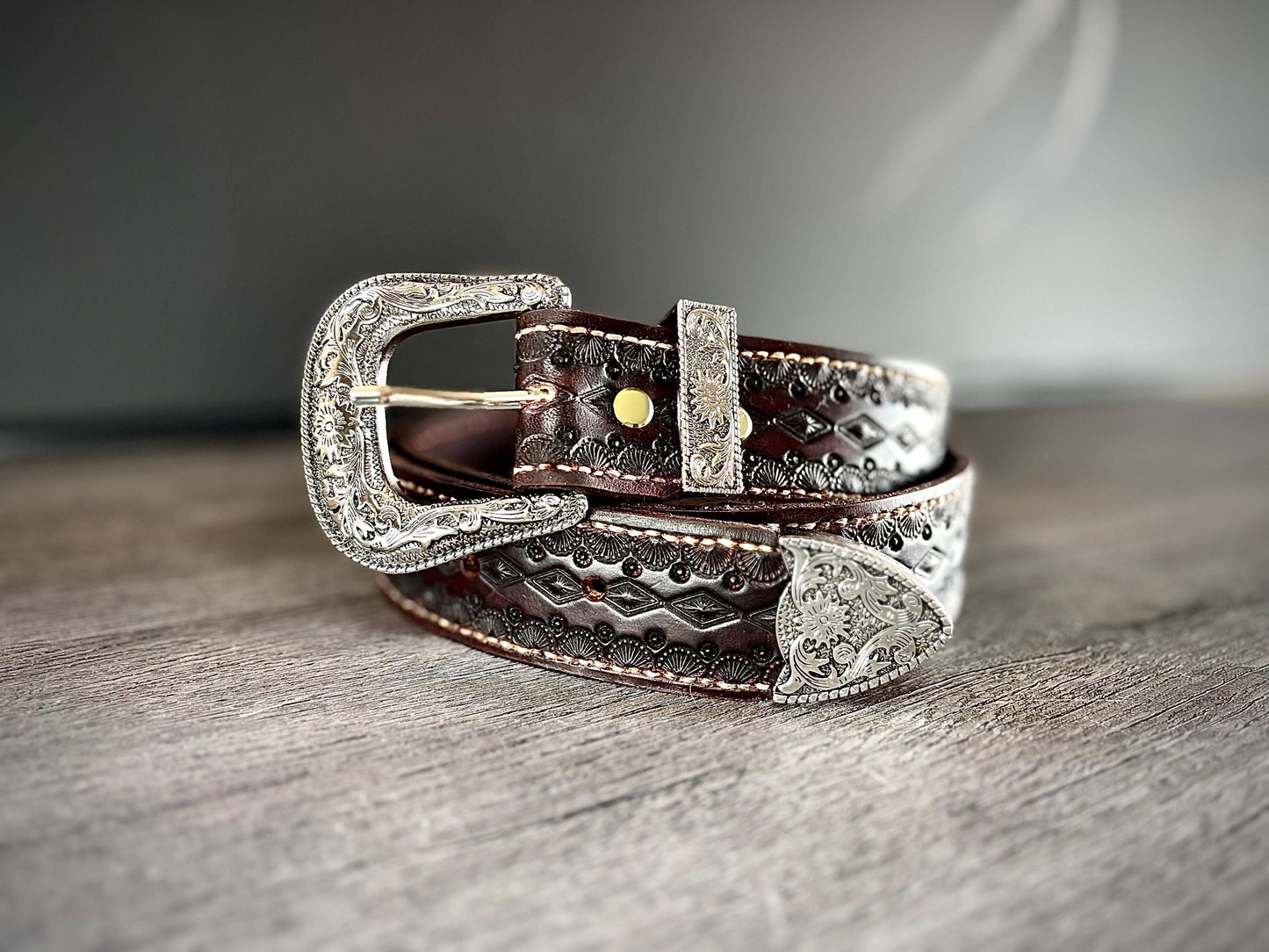 Handmade Leather Belt with Silver Buckle, Tooled Leather Belt, Western Belt, Western Cowboy Belt, Western Gifts- Mahogany Stain, Hermann Oak