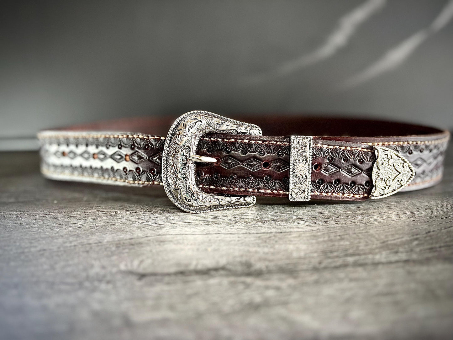 Handmade Leather Belt with Silver Buckle, Tooled Leather Belt, Western Belt, Western Cowboy Belt, Western Gifts- Mahogany Stain, Hermann Oak