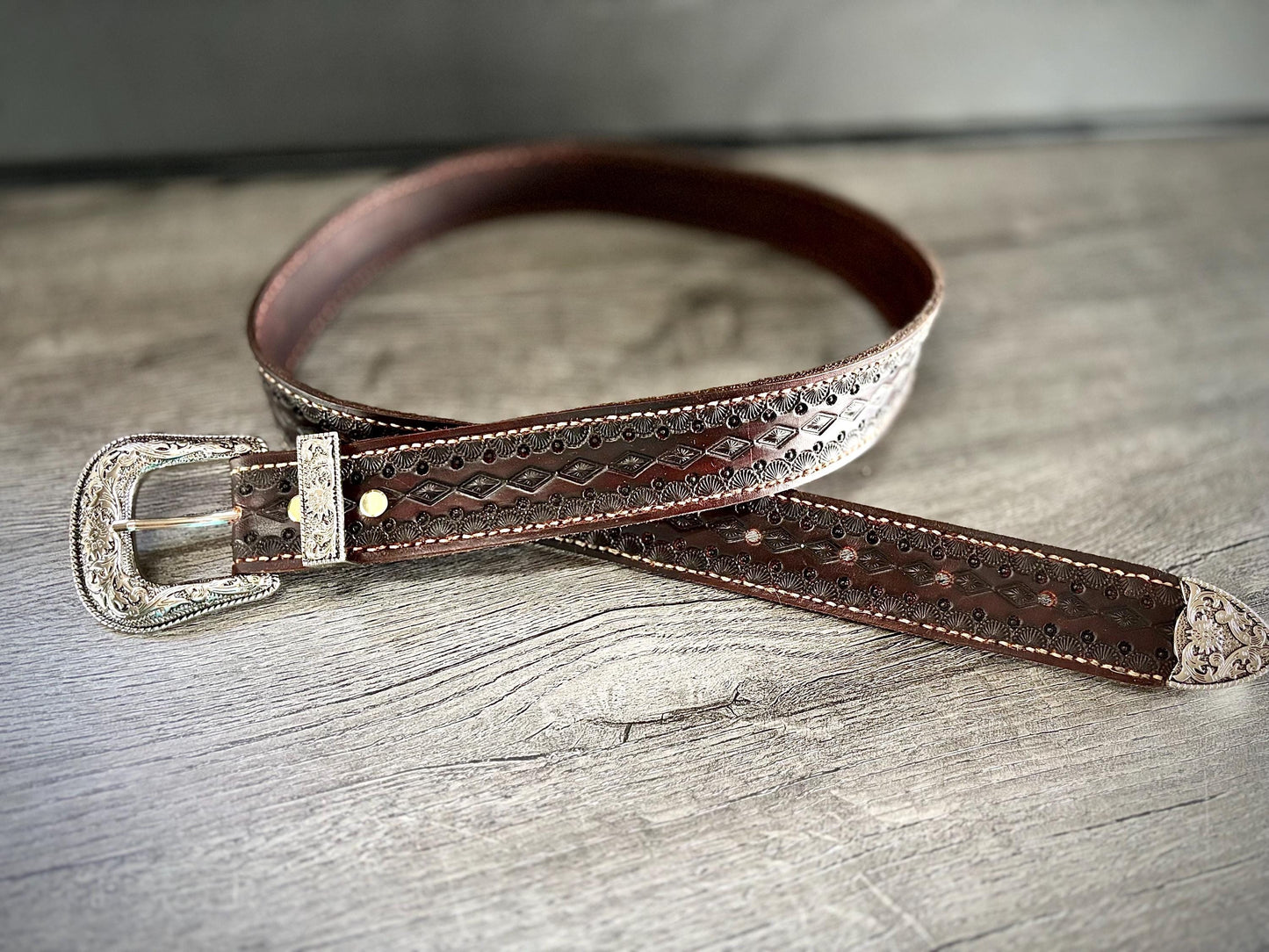 Handmade Leather Belt with Silver Buckle, Tooled Leather Belt, Western Belt, Western Cowboy Belt, Western Gifts- Mahogany Stain, Hermann Oak