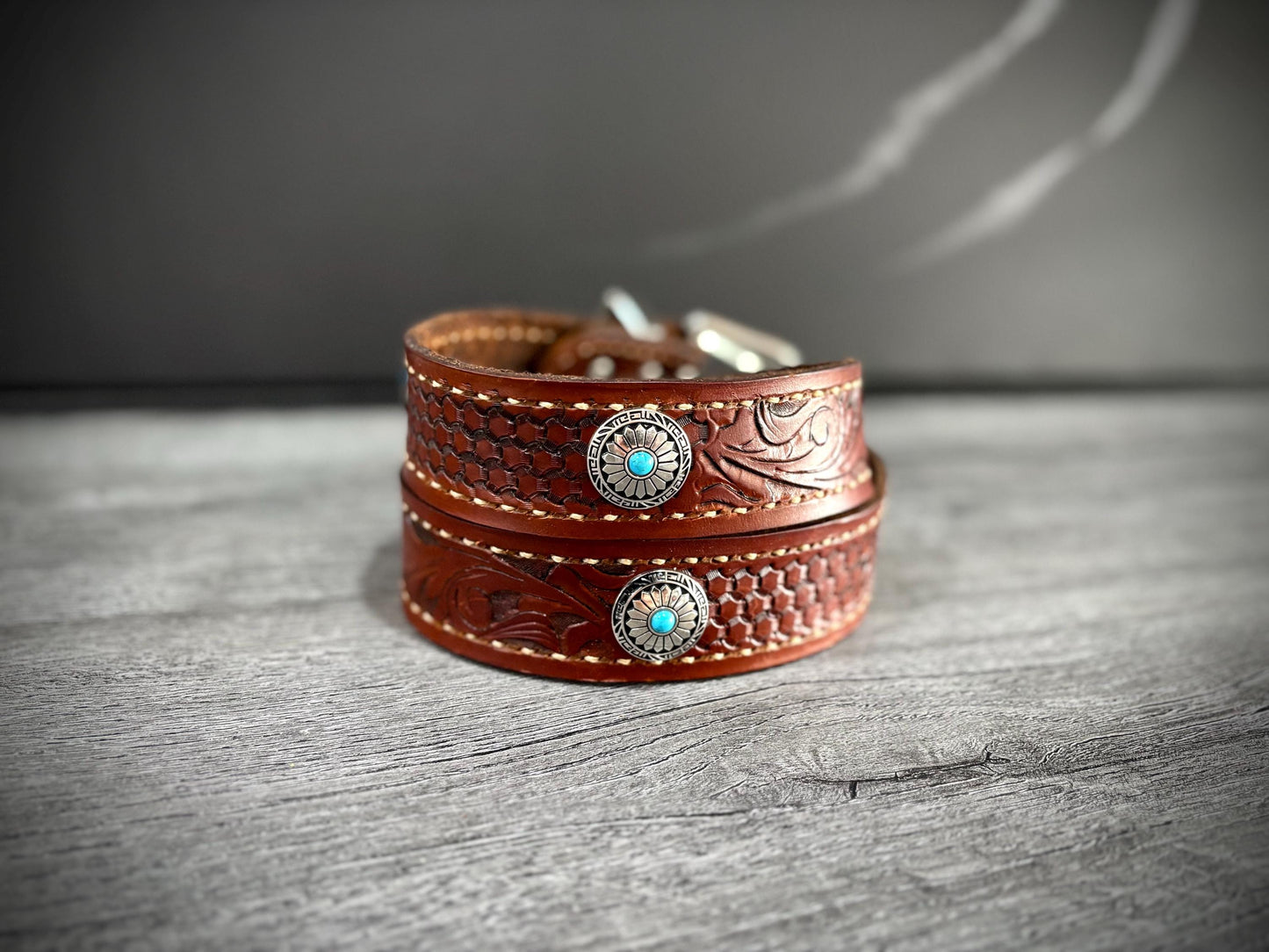 Handmade Leather Belt with Silver Buckle and Conchos, Tooled Leather Belt, Western Belt, Western Gifts- Hermann Oak