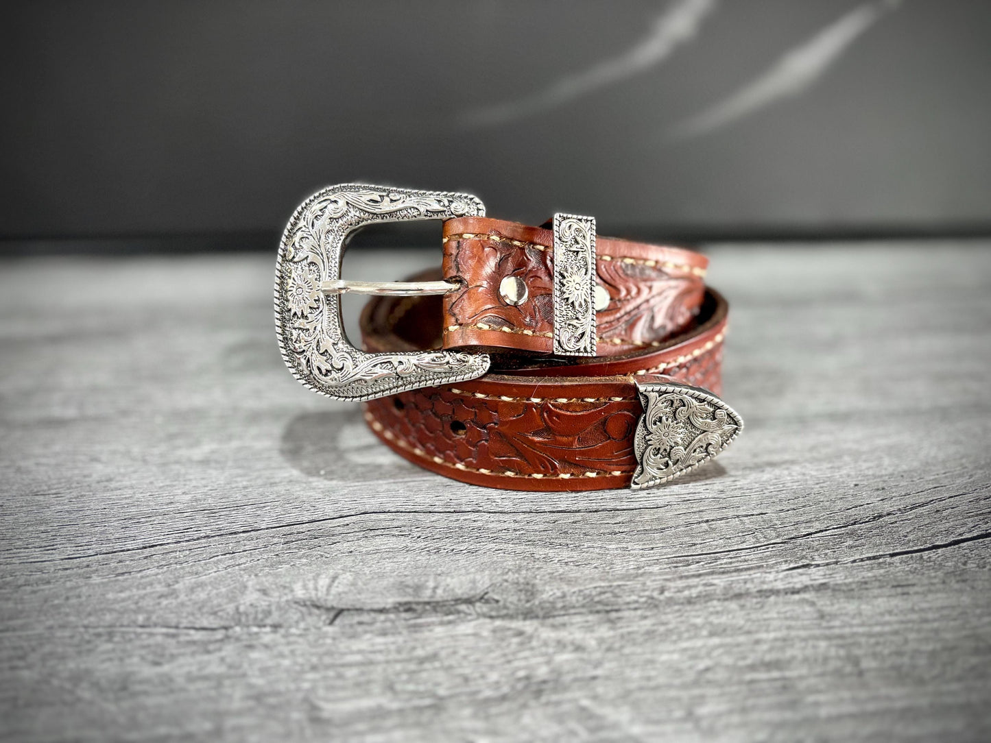 Handmade Leather Belt with Silver Buckle and Conchos, Tooled Leather Belt, Western Belt, Western Gifts- Hermann Oak
