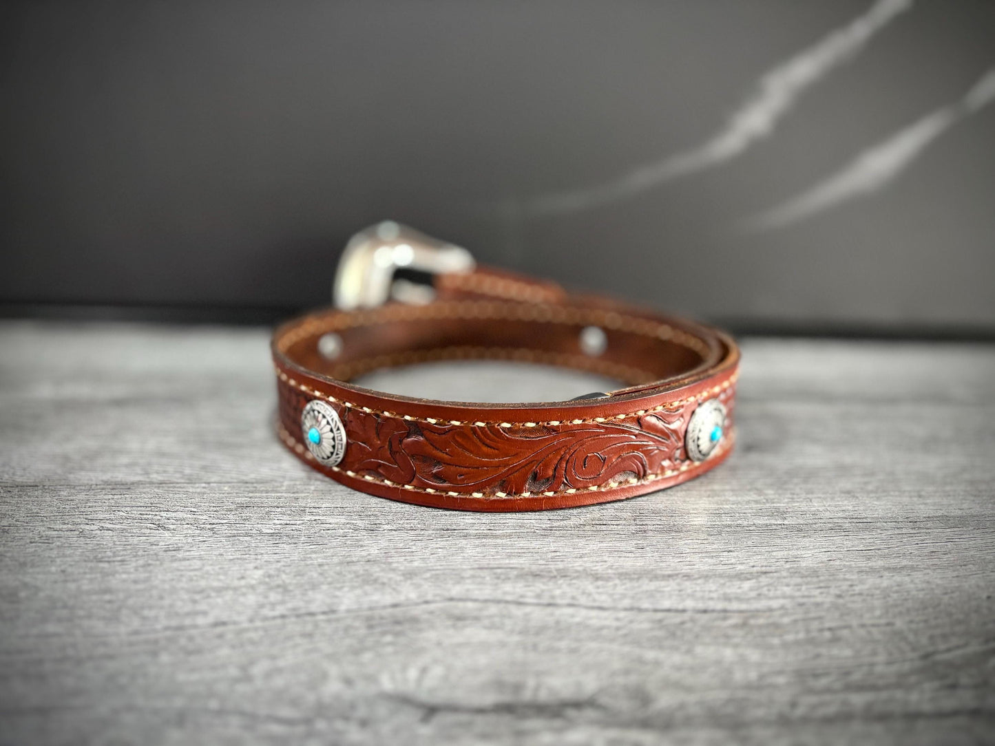 Handmade Leather Belt with Silver Buckle and Conchos, Tooled Leather Belt, Western Belt, Western Gifts- Hermann Oak