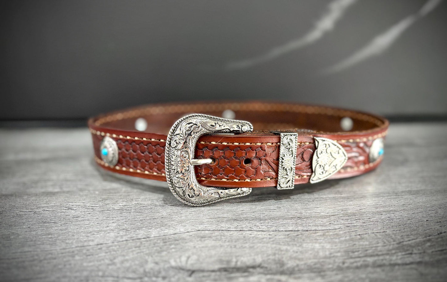 Handmade Leather Belt with Silver Buckle and Conchos, Tooled Leather Belt, Western Belt, Western Gifts- Hermann Oak