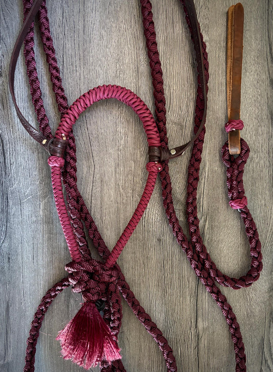 Lariat Hackamore and Mecate with Hanger - Fits most Horses - Braided Core - All Burgundy